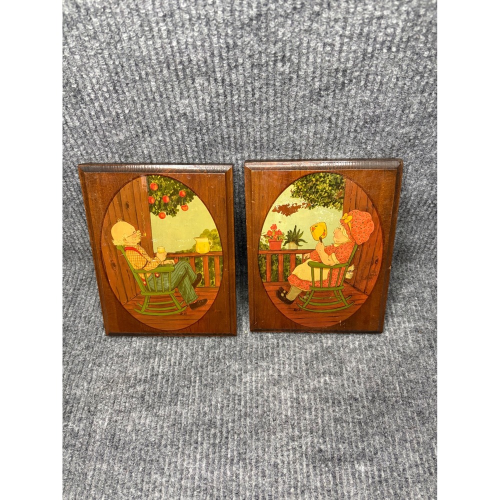 Vintage Folk Art Wood Wall Plaque Set Elderly Couple Rocking Chairs Porch 1980